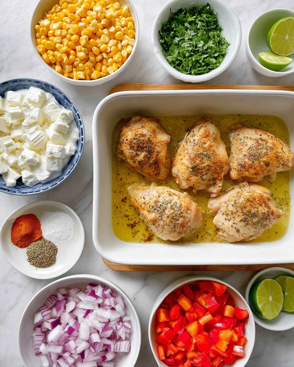 The image shows a white baking dish with three cooked, light brown chicken pieces sprinkled with black pepper resting in golden broth placed on a light wooden board on a white marbled surface. Around it, there are several white bowls and one blue and white bowl filled with chopped vegetables and ingredients. From top down and left to right, there is a bowl with chopped green herbs, a bowl filled with small white cheese chunks, and a white bowl full of yellow corn kernels. Nearby are a bowl of sour cream, a bowl of mixed red spices, a bowl with chopped green jalapeños, two lime halves on the marbled surface, a white bowl piled with diced red bell peppers, and a bowl with chopped red onions. All bowls and dishes are arranged neatly, creating a colorful and fresh visual. Photo taken with an iphone --ar 4:5 --v 7