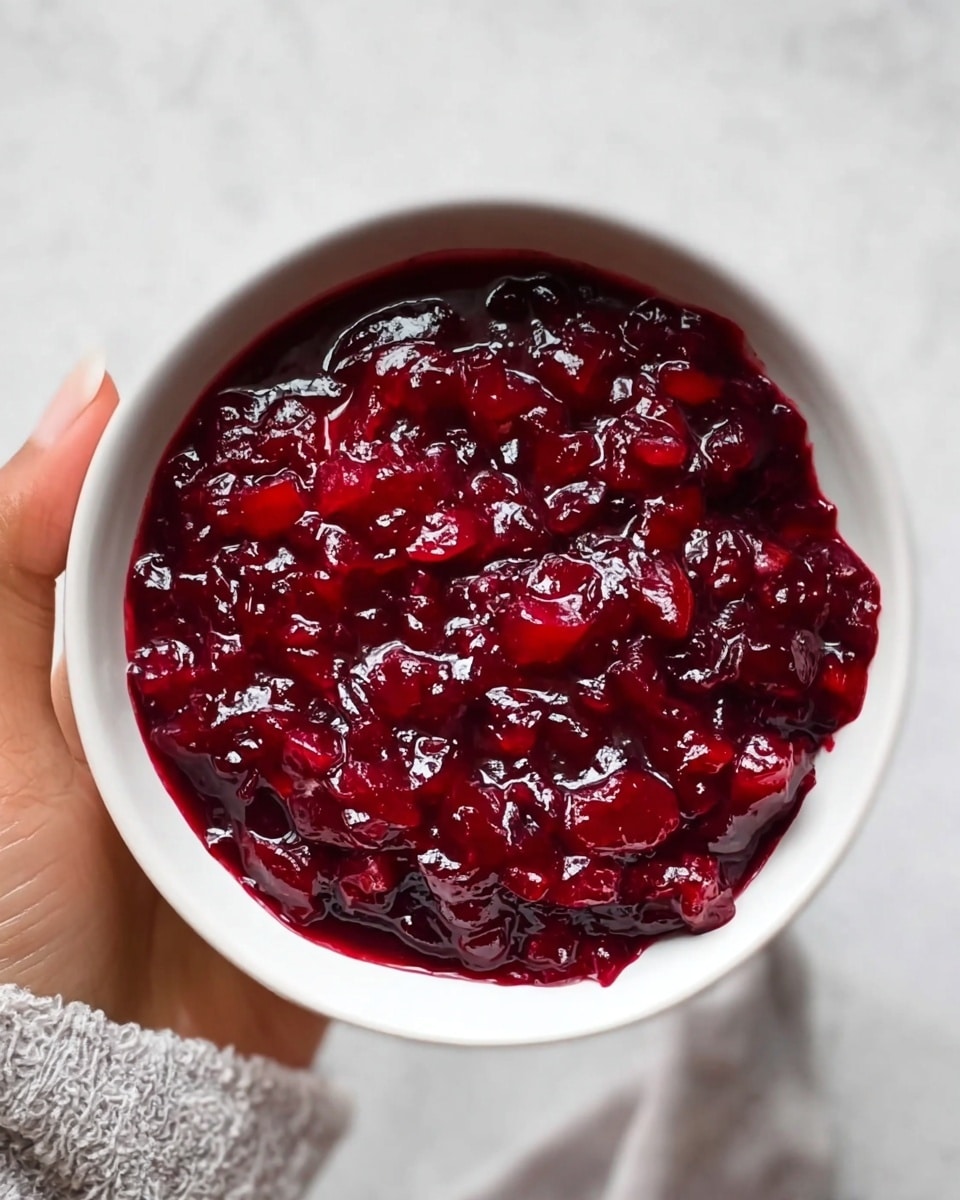 A white bowl filled with thick, shiny cranberry sauce that has a deep red color with visible chunks of cranberry pieces giving it a textured look. The sauce's rich, glossy surface catches light, making it look fresh and sticky. The bowl is held by a woman's hand against a white marbled background. photo taken with an iphone --ar 4:5 --v 7