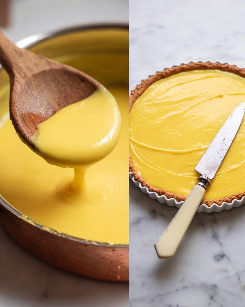 The image shows two parts: on the left, a close-up of a wooden spoon holding a thick, yellow custard-like mixture with a smooth texture, dripping slightly back into a copper pot filled with the same mixture. On the right, there is a white tart pan placed on a white marbled surface, filled with a thick layer of smooth, bright yellow custard spread evenly inside. A knife with a cream-colored handle rests on the tart pan, gently spreading the custard. Photo taken with an iphone --ar 4:5 --v 7