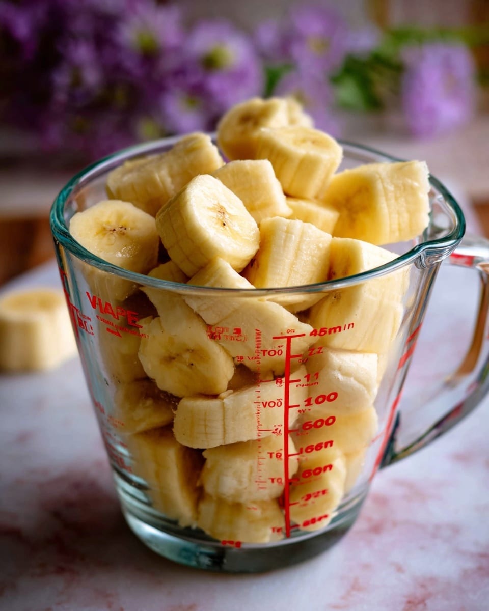 A clear glass measuring cup filled to the top with evenly cut yellow banana chunks that show soft texture and subtle brown spots, sitting on a white marbled surface with a blurred background of purple flowers. The measuring cup has red measurement markings and a handle on the left side. The banana pieces form a slightly uneven mound inside the cup, with some pieces standing upright and others lying flat, revealing the fruit’s creamy and smooth interior and slightly fibrous exterior. The lighting highlights the banana’s natural color and the glass’s shiny texture photo taken with an iphone --ar 4:5 --v 7