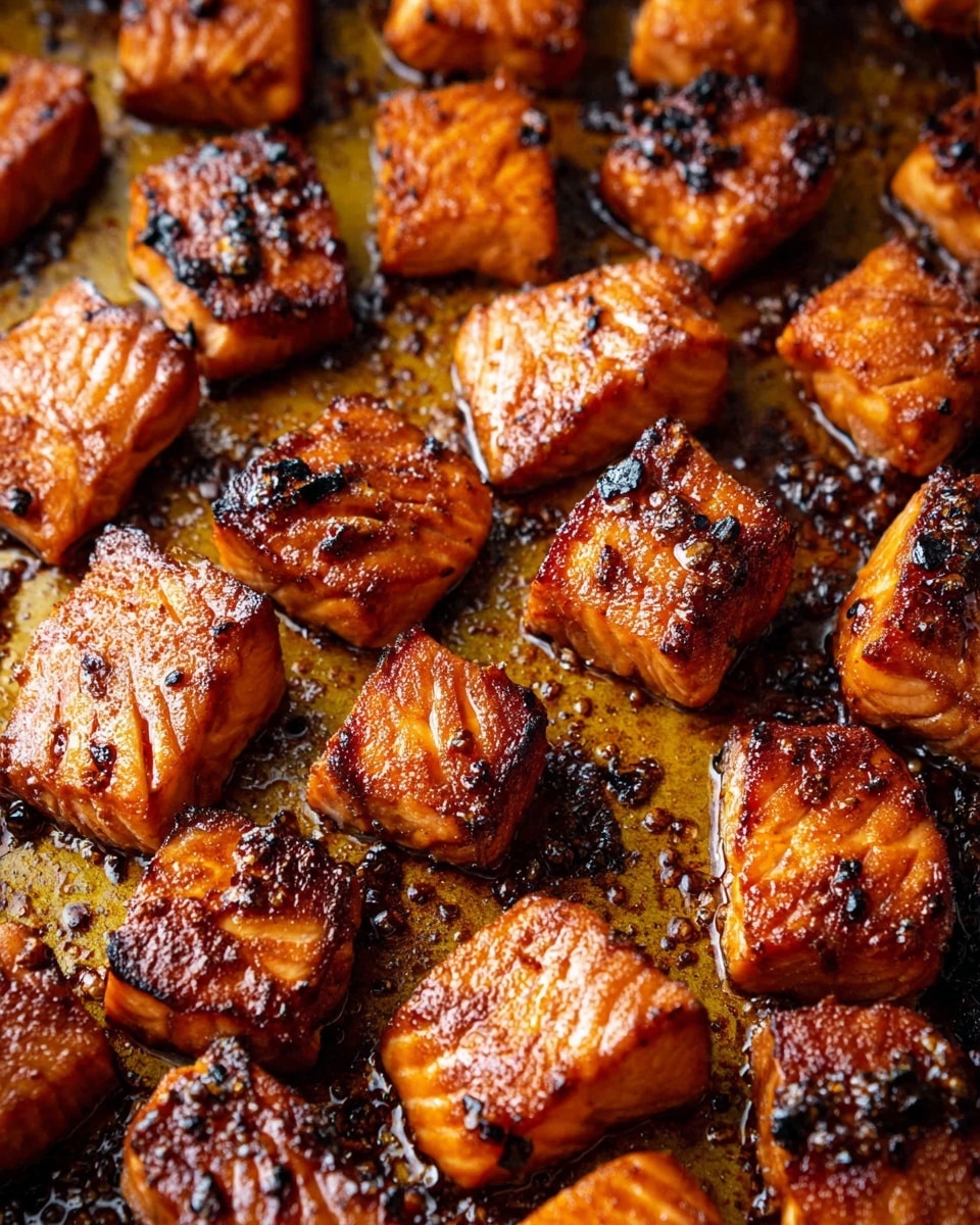 The image shows a close-up view of many small, square pieces of salmon with a cooked texture, placed closely together on a pan. Each salmon piece has a glazed, shiny surface with slightly dark brown charred spots and grill marks, giving them a rich reddish-orange color with black charred bits scattered on top. The pan underneath has a golden, oily surface with darker browned areas where the fish grilled, adding texture contrast to the image. photo taken with an iphone --ar 4:5 --v 7