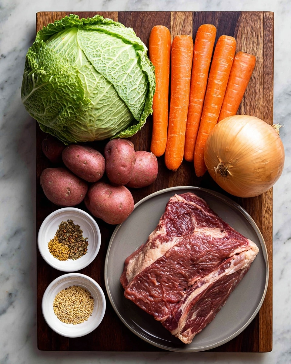 The image shows a dark wooden board placed on a white marbled surface. On the board, there are several ingredients neatly arranged: a whole green cabbage at the top left, nine small red potatoes grouped in the center, and four bright orange carrots with smooth texture aligned vertically on the left side. To the right, there is a single golden-brown onion with a papery outer skin. Next to the onion, two small white bowls hold different spices – one with a mix of yellow mustard seeds and other small dark spices, the other with small brown cumin seeds. A gray plate sits on the bottom right corner of the board, holding a raw piece of red meat with white marbling, showing fat veins running through it. Photo taken with an iphone --ar 4:5 --v 7