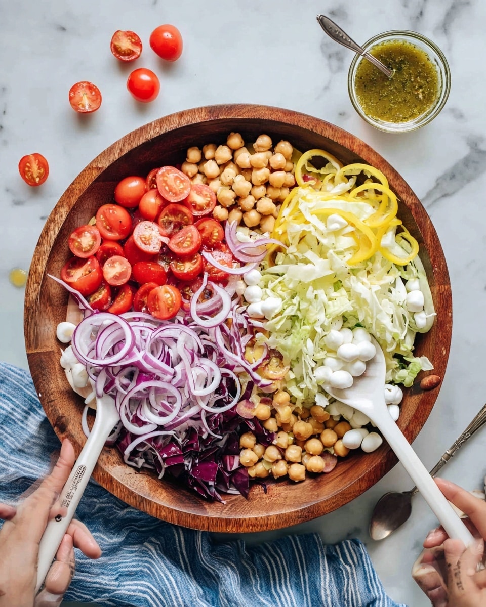 A wooden bowl holds a colorful salad with six main layers arranged side by side: bright red halved cherry tomatoes, thin shredded dark purple radicchio, light yellow sliced pepper rings, light brown chickpeas, thinly sliced purple onion rings, and a mix of pale green shredded lettuce with small white mozzarella balls and pale yellow cheese cubes. The bowl is placed on a white marbled surface with some whole cherry tomatoes scattered around. Two white large spoons are held by two woman's hands, each grabbing opposite sides of the salad. A small glass bowl with greenish dressing and a metal spoon inside sits nearby, and a blue cloth with stripes is partly visible behind the wooden bowl. Photo taken with an iphone --ar 4:5 --v 7