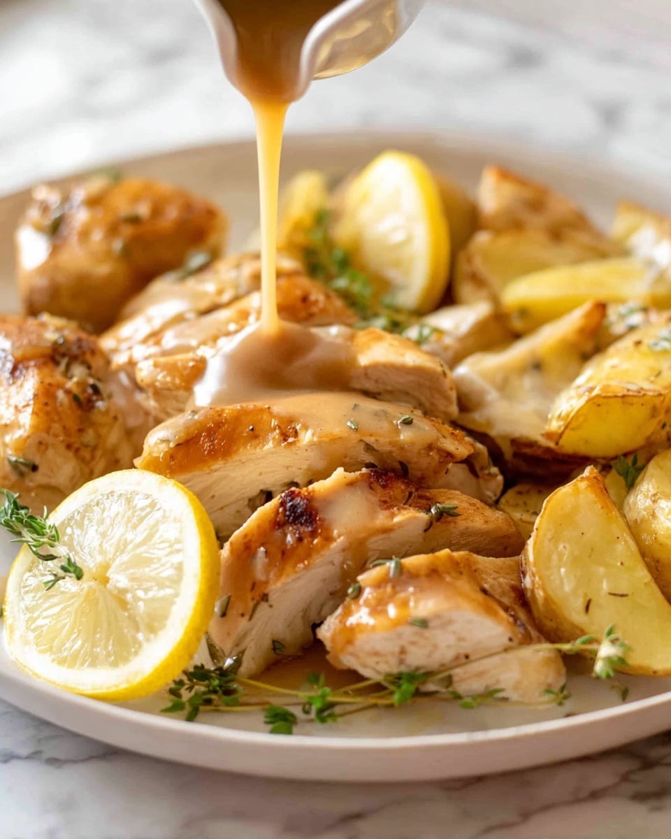 The image shows a white plate with golden-brown cooked chicken pieces arranged in the center, with a few pieces sliced to reveal the juicy inside. On the right side of the chicken, there are creamy potato wedges with herbs visible on their surface. Two bright yellow lemon slices are placed on top of the chicken near some green thyme sprigs, adding a fresh touch. A light brown sauce is being poured over the chicken from the left side of the frame, giving the dish a shiny, moist look. The background is a white marbled surface. photo taken with an iphone --ar 4:5 --v 7