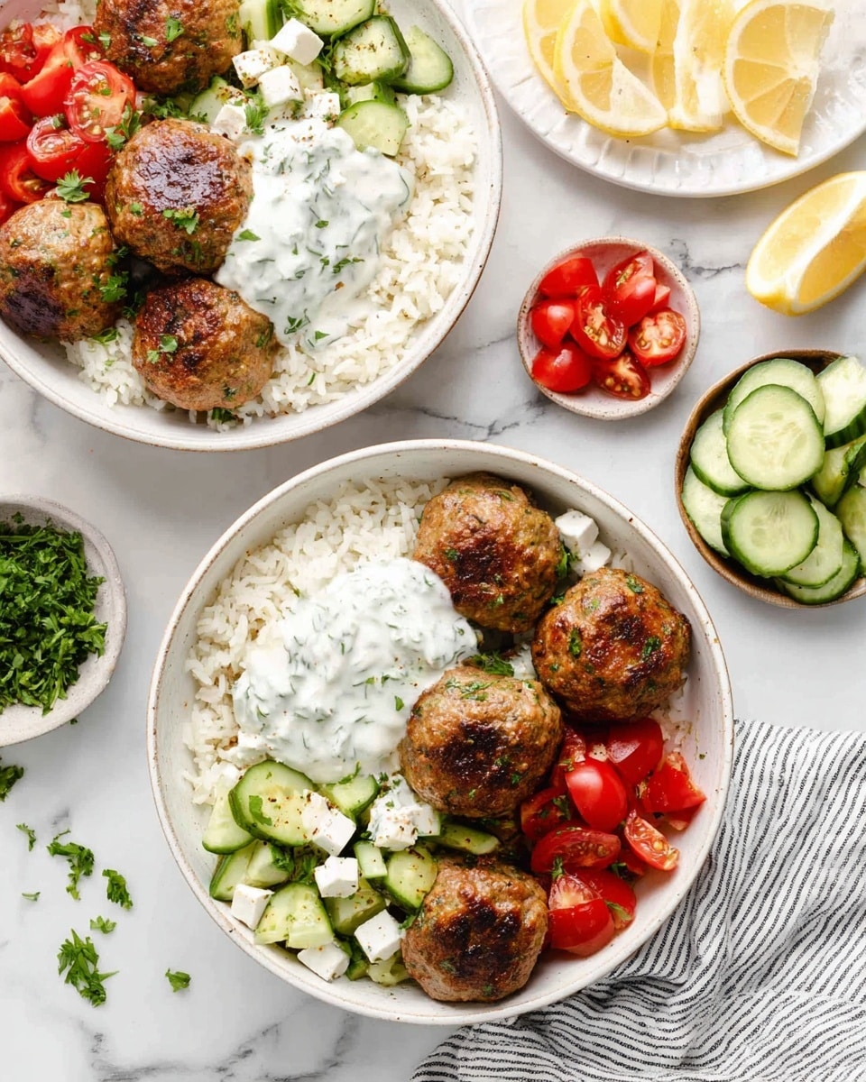 The image shows two white bowls, each with three parts layered inside. At the bottom, there is a layer of soft white rice with a fluffy texture. On one side of the rice, there are round, browned meatballs with a slightly crispy outside. On top of some meatballs is a dollop of creamy white sauce with green specks, looking fresh and thick. Next to the rice and meatballs, there is a bright salad made of red cherry tomatoes, green cucumber pieces, and white cheese cubes, all mixed with green herb bits. The bowls are placed on a white marbled surface with small bowls containing cucumber slices, tomato halves, and chopped parsley around. A white plate with lemon slices and a striped cloth add detail to the scene. photo taken with an iphone --ar 4:5 --v 7