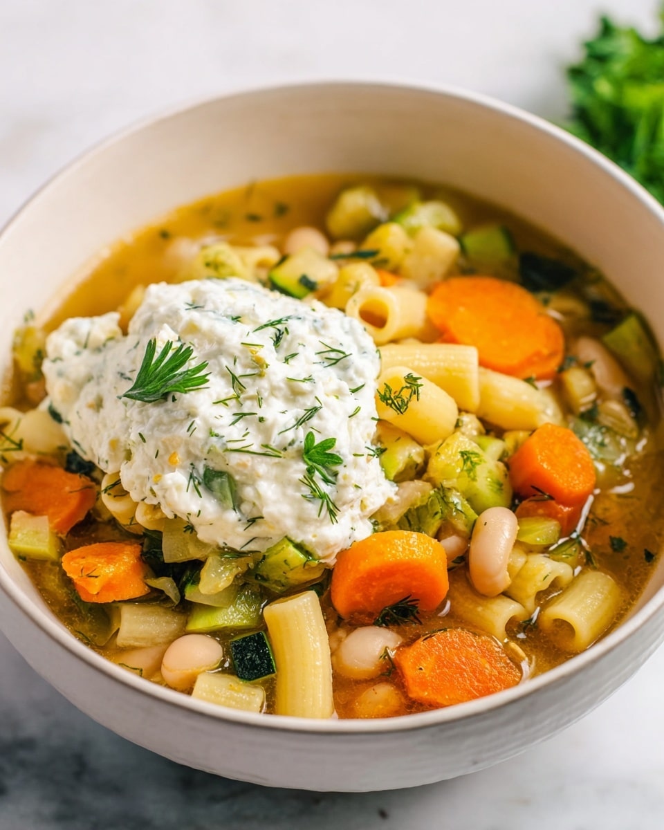 A white bowl filled with a clear golden broth soup that has small pasta tubes, chunks of orange carrots, light green celery pieces, pale white beans, and slices of green zucchini, all mixed together with bits of green herbs. On top, there is a dollop of thick white creamy cheese with small green herb pieces inside, garnished with tiny bright green parsley sprigs. The bowl sits on a white marbled surface with some blurred green herbs in the background. photo taken with an iphone --ar 4:5 --v 7