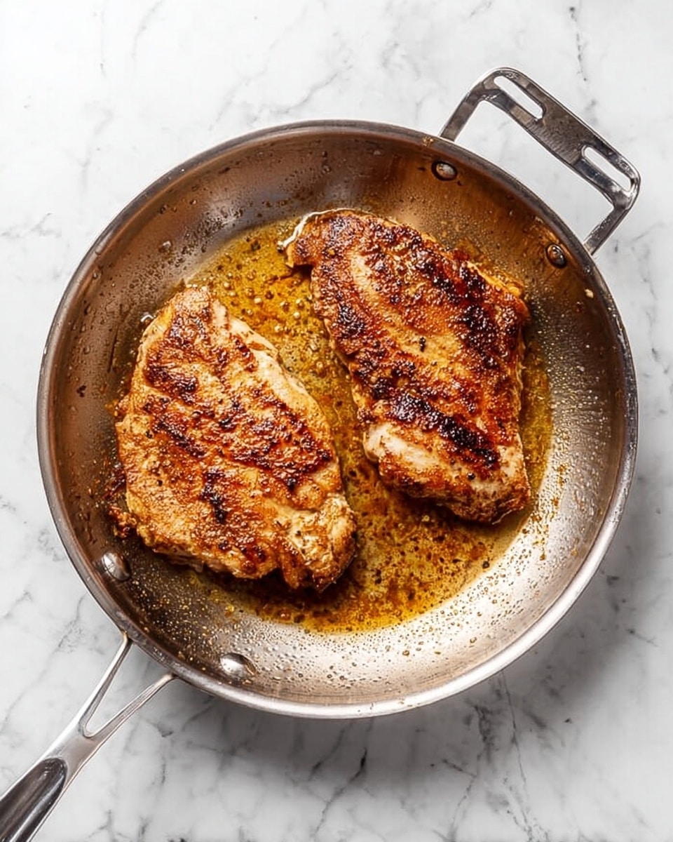 The image shows two cooked chicken pieces in a silver frying pan placed on a white marbled surface. The chicken pieces have a golden-brown color with darker sear marks and crispy edges, sitting in a small pool of oily brown cooking juices. The pan has a shiny metal handle on the left and a loop handle on the right. The white marbled surface beneath adds a clean and bright look to the scene. photo taken with an iphone --ar 4:5 --v 7