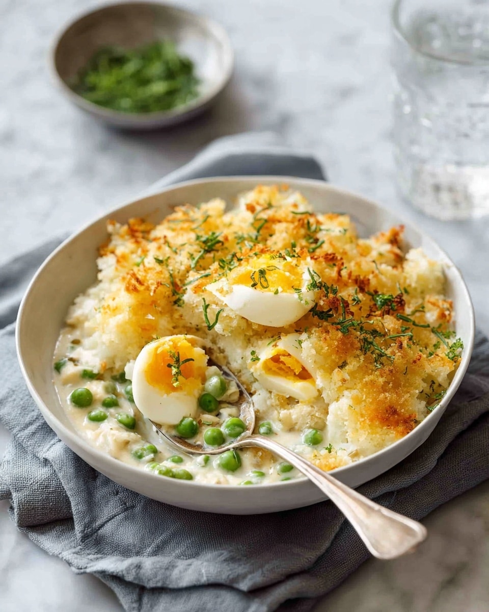 The dish is served in a white bowl resting on a soft grey cloth, placed on a white marbled surface. It has two main layers: the bottom layer is creamy white with visible small green peas and slices of boiled egg with bright yellow yolk; the top layer is golden and crunchy with a baked texture, sprinkled with small bits of green herbs. A silver spoon is sticking into the dish, inviting to scoop a portion. In the background, a small bowl with green herbs and a glass of water on the white marbled surface are softly out of focus. Photo taken with an iphone --ar 4:5 --v 7