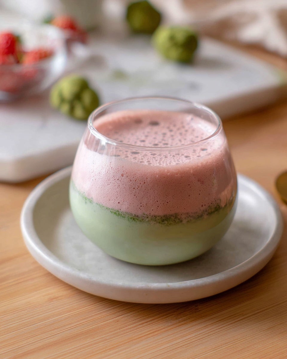 A clear glass cup with a handle sits on a white plate, filled with a layered drink starting with a thick green base at the bottom, a lighter green layer in the middle, topped with a frothy light pink layer that slightly overflows the rim, with some green foam around the edges of the pink layer. The plate rests on a soft white cloth laid over a white marbled surface. In the foreground, there are strawberries dipped in a matching green coating, one decorated with a smiling face made of small dark shapes. A pink container with a lid is nearby, and a jar with a dark red label is partially visible in the background. photo taken with an iphone --ar 4:5 --v 7