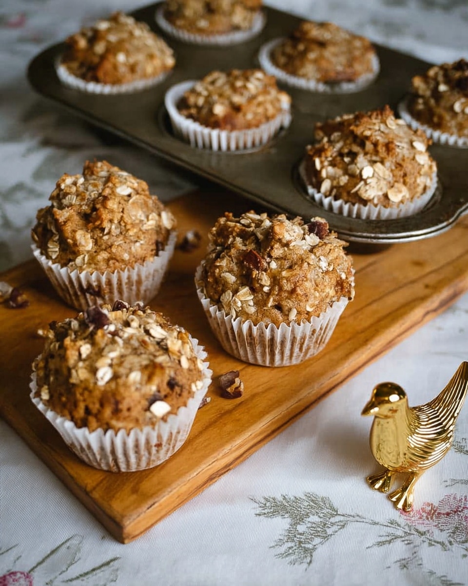 The image shows six muffins with a golden brown color and a rough texture topped with oats and bits of nuts, placed in white paper liners. Three muffins sit on a wooden plank, and three more rest inside a metal muffin tray with a worn look. The muffins have an uneven, bumpy surface with visible seeds or dried fruit pieces giving a rustic look. Next to the muffins, there is a small shiny golden bird figurine on a white marbled tablecloth with subtle floral patterns. Photo taken with an iphone --ar 4:5 --v 7