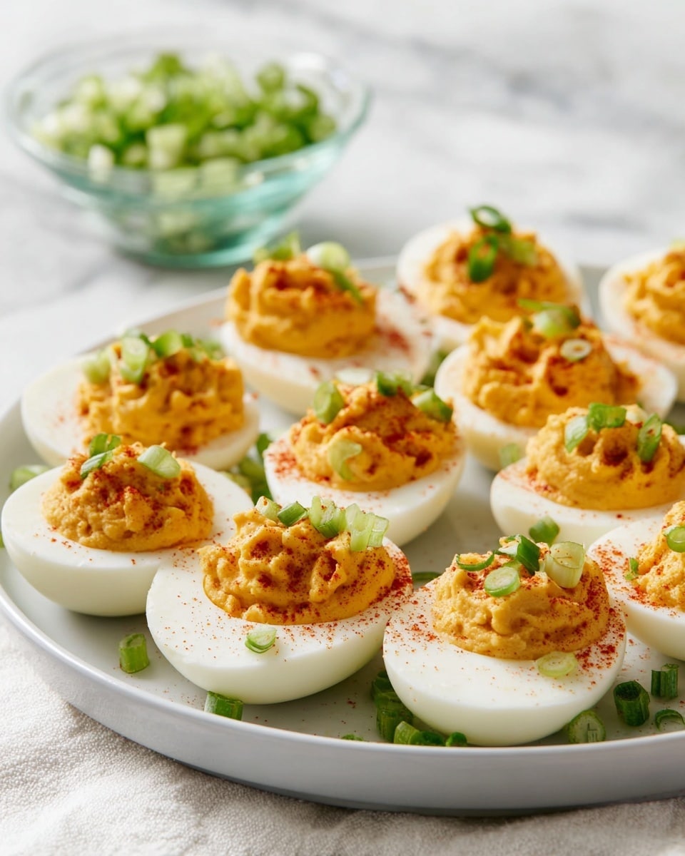The image shows a white round plate with about ten deviled eggs neatly arranged on it. Each deviled egg has a smooth, white egg white base, topped with a creamy, yellow-orange yolk mixture that has a slightly rough texture. The yolk filling is sprinkled with fine red paprika and garnished with small green rings of chopped green onions on top of each egg. In the background, there is a small frosted glass bowl filled with extra chopped green onions. The plate sits on a white marbled surface with soft natural light highlighting the colors. Photo taken with an iphone --ar 4:5 --v 7