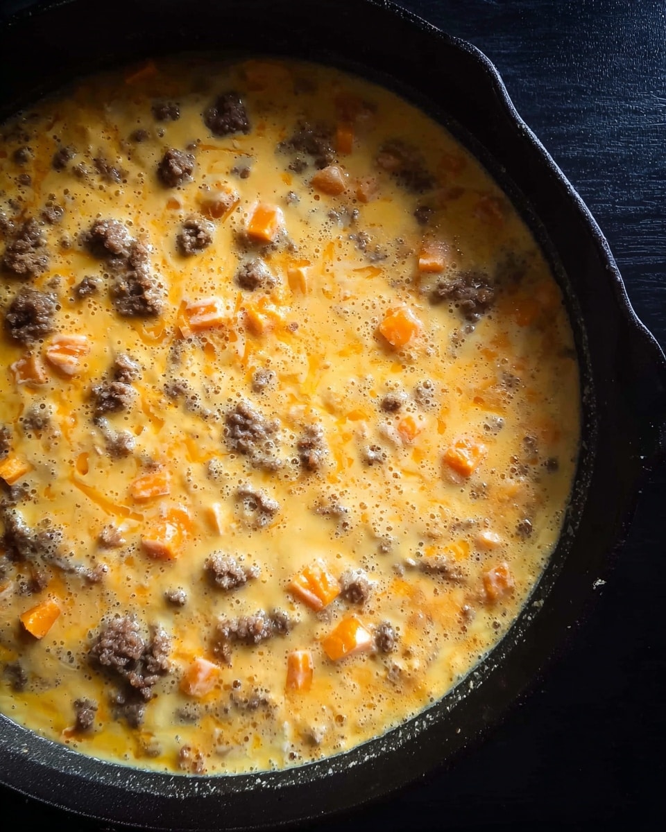 A close-up view of a black cast iron pan filled with a mixture that looks like beaten eggs with small chunks of browned ground meat and scattered cubes of orange cheese, all blending together before cooking. The edges of the pan are visible, and the contents have a smooth, slightly shiny surface with textures from the meat and cheese pieces. The scene is set against a dark background contrasting with the warm yellow and orange colors in the pan, photo taken with an iphone --ar 4:5 --v 7
