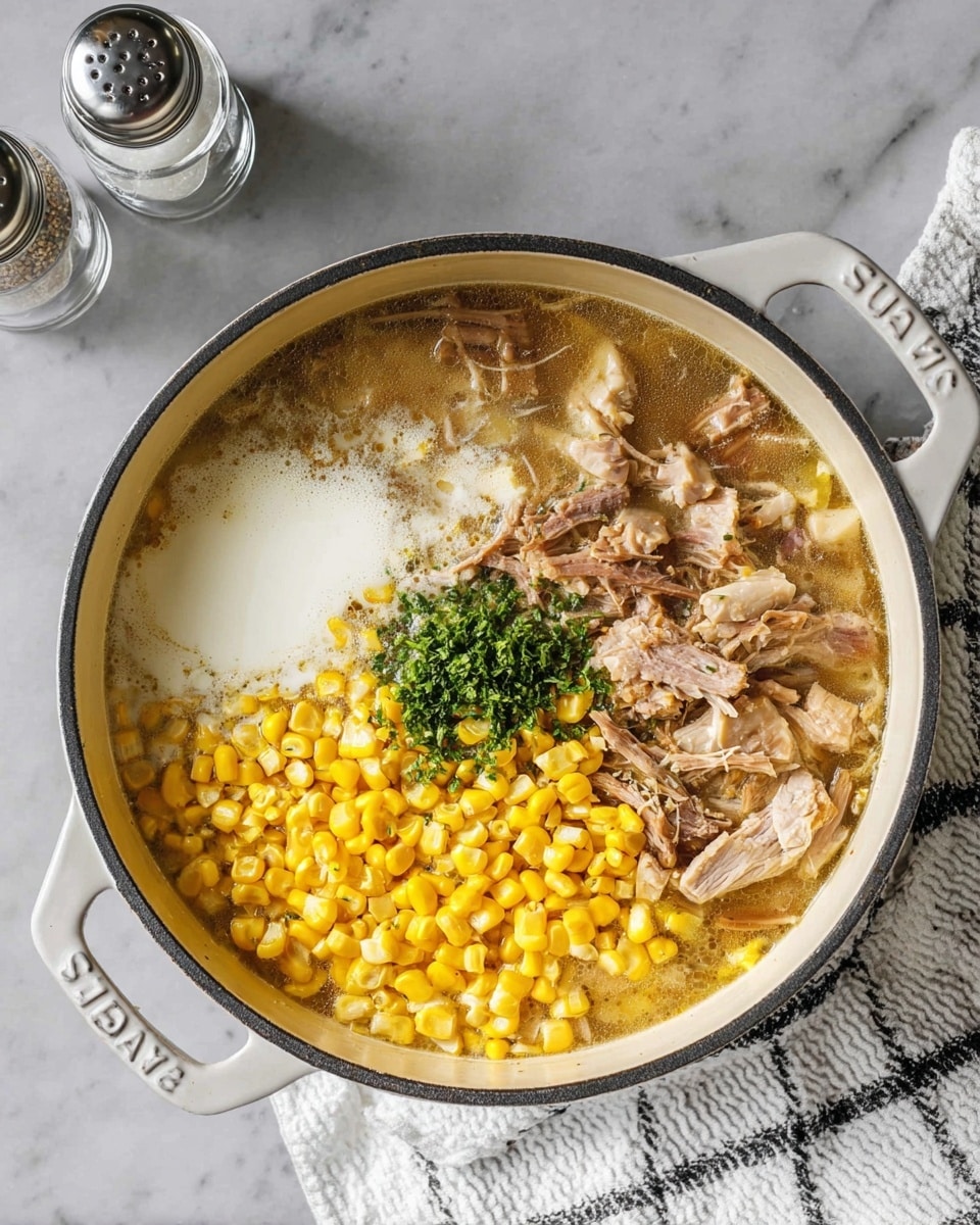 The image shows a round, white Staub pot filled with a layered soup. On the right side of the pot, there are pieces of light brown shredded meat sitting in a clear broth. To the left of the shredded meat, bright yellow corn kernels are piled together. In the center bottom, there is a small heap of chopped green herbs adding a fresh color contrast. On the left side, a white creamy liquid is partially mixed with the broth. The pot rests on a white marbled surface with a white and black striped cloth and two glass salt and pepper shakers placed at the top of the frame. photo taken with an iphone --ar 4:5 --v 7