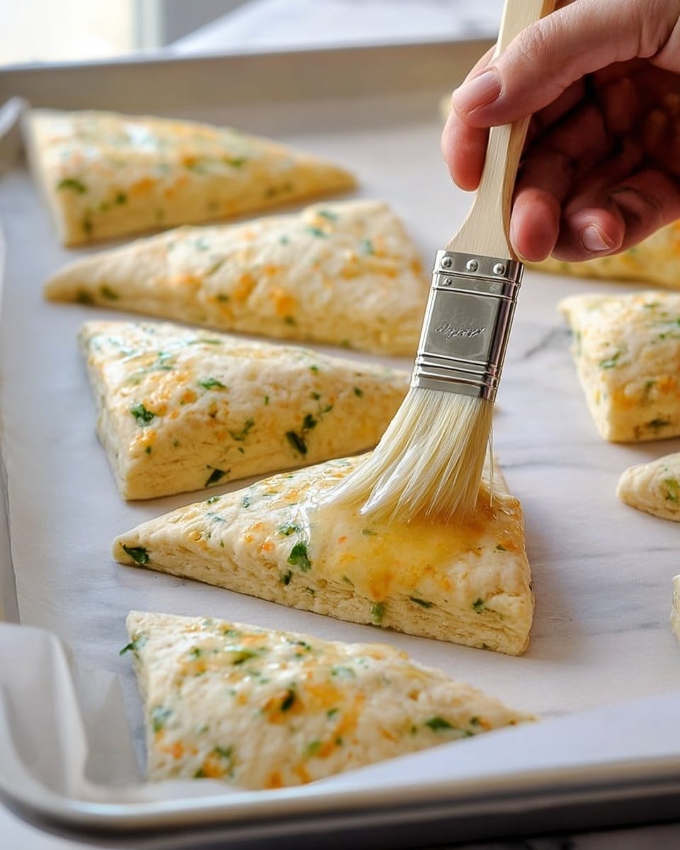 A close-up image shows a woman's hand holding a small pastry brush, brushing a clear, shiny layer of egg wash over triangular dough pieces on a baking sheet. The dough is light beige with small green herbs and orange specks visible throughout each triangle. There are about six triangles lined up on the white parchment paper covering the baking tray. The background surface is a white marbled texture, and the overall scene is bright with natural light emphasizing the moist texture of the egg wash. photo taken with an iphone --ar 4:5 --v 7