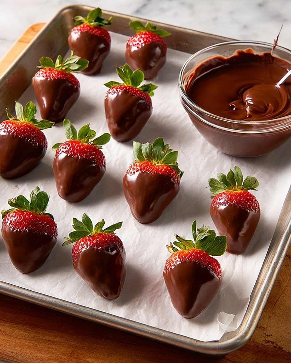 A metal baking tray holds twelve strawberries evenly placed in rows, each strawberry fully covered in smooth, shiny dark brown chocolate with green leaves on top. The strawberries sit on white parchment paper on the tray, which is on a wood surface. In front of the tray is a clear glass bowl filled with melted chocolate with a silky texture. The overall scene is bright, with a white marbled background surface. photo taken with an iphone --ar 4:5 --v 7