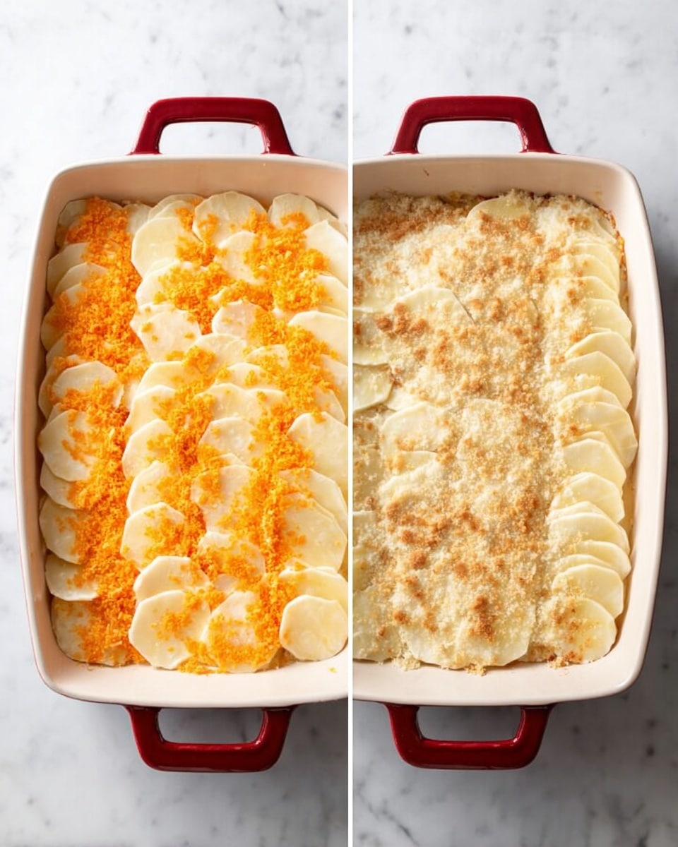 Two images side by side show a white baking dish with red handles on a white marbled surface. In the left image, the dish has two layers: the bottom layer is thinly sliced light-colored rounds, topped with a mixture of bright orange and white crumbs spread evenly. In the right image, the dish features a layer of neatly arranged light-colored slices overlapping each other horizontally, with a light sprinkling of crumbs on top, covering the entire surface. Photo taken with an iphone --ar 4:5 --v 7