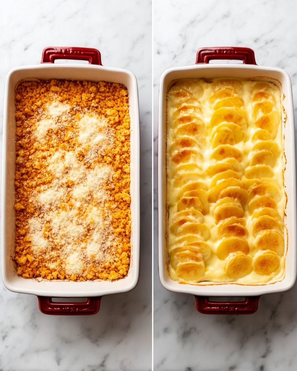 The image shows two white ceramic baking dishes with red handles on a white marbled surface. The dish on the left has a single thick layer of small, golden-orange crushed pieces sprinkled evenly on top, with a light dusting of pale white powder scattered over them, giving a textured and slightly crumbly look. The dish on the right has a smooth, creamy light yellow base layer topped with neat rows of thinly sliced, pale yellow pieces, slightly browned and caramelized on the edges, creating an orderly pattern with a slightly crispy finish. Both dishes are rectangular and the photo is taken from above. photo taken with an iphone --ar 4:5 --v 7