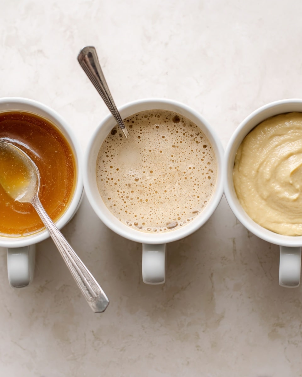 Three white mugs are placed side by side on a white marbled texture surface. The first mug contains a thick, honey-colored syrup with a silver spoon resting inside, showing smooth and glossy texture. The second mug holds a bubbly, light beige liquid with foam on top, and a silver spoon stirring, giving a frothy and airy look. The third mug is filled to the top with thick, pale yellow batter that looks creamy and slightly textured, appearing smooth and ready to cook. Photo taken with an iphone --ar 4:5 --v 7