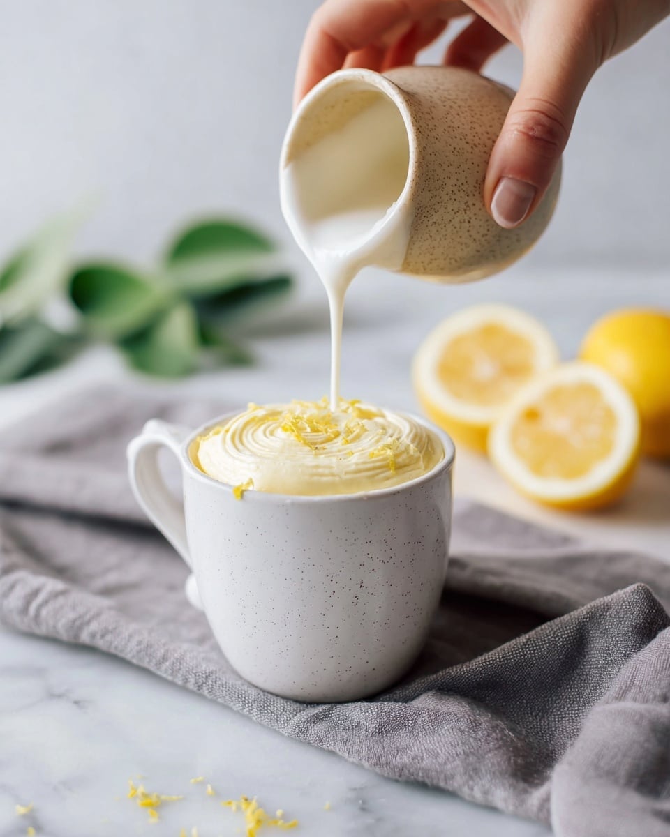 A white cup filled with a light yellow creamy dessert topped with small bits of lemon zest is set on a white marbled surface next to a gray cloth. Above the cup, a woman's hand is pouring smooth white icing from a small speckled beige pitcher onto the dessert, creating a swirl pattern. In the background, two lemon halves are slightly blurred, and some green leaves are visible. The scene is bright and clean, focusing on the moment of pouring icing onto the dessert photo taken with an iphone --ar 4:5 --v 7