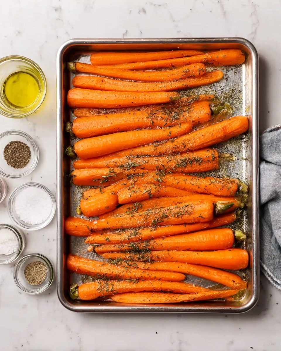A shiny metal baking tray filled with whole peeled carrots, bright orange in color, laid out side by side in a single layer. The carrots are sprinkled with dried herbs and black pepper, showing a rough texture from the seasoning. The tray rests on a white marbled surface, surrounded by small glass jars with salt, pepper, and other spices, alongside a clear glass with a little oil in it. photo taken with an iphone --ar 4:5 --v 7