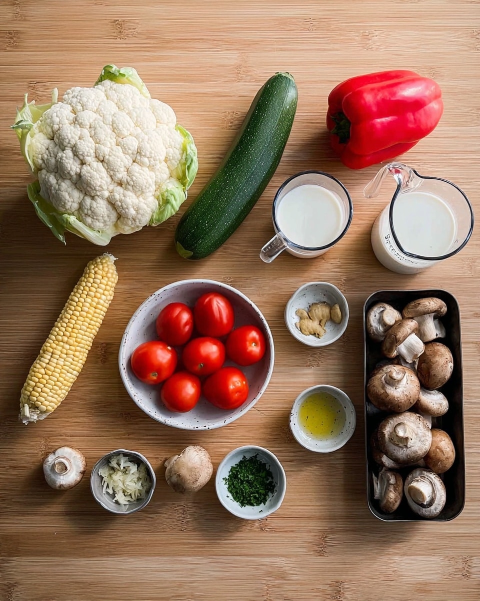 The image shows a wooden table with fresh vegetables and small bowls arranged neatly. There is a whole white cauliflower on the left, next to an ear of corn and a whole green zucchini. A small round white bowl holds several peeled red tomatoes, positioned in front of a long red bell pepper. On the right side, there is a white plastic measuring cup filled with milk and a glass with white liquid beside it. A black tray contains whole brown mushrooms. Four small bowls hold different ingredients: one with green herbs, another with chopped ginger, a third with oil, and the last with chopped green herbs. The background is a white marbled surface. Photo taken with an iphone --ar 4:5 --v 7
