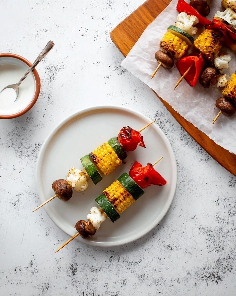The image shows four wooden skewers with grilled vegetable pieces arranged in layers on a white marbled surface. Each skewer has a bottom layer of bright red grilled pepper, followed by a dark brown grilled mushroom, then a bright red grilled cherry tomato, next a yellow grilled corn piece, a white grilled cauliflower floret, and finally a green grilled zucchini slice at the top. The skewers rest on white parchment paper over a wooden serving board. To the left, there is a small white bowl filled with a creamy white sauce with green herbs and a silver spoon in it. Photo taken with an iphone --ar 4:5 --v 7