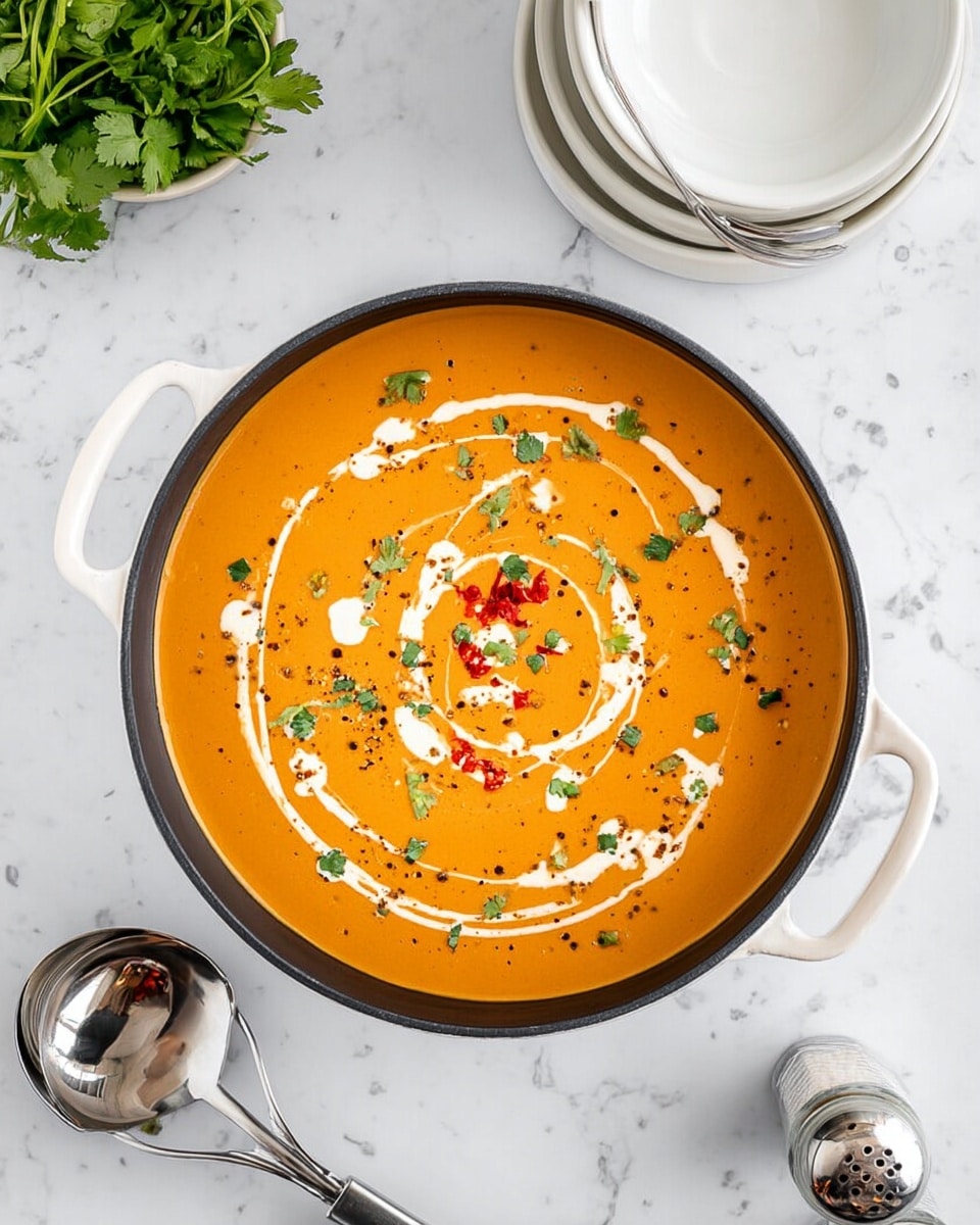 This image shows a round white pot with black inside filled with creamy orange soup, topped with a spiral drizzle of white cream, small pieces of red garnish, black pepper flakes, and scattered green herb leaves. The pot has two white handles on each side. Around the pot, there is a bunch of fresh green herbs at the top left, stacked white bowls with two metal spoons at the top right, a shiny metal ladle at the bottom left, and salt and pepper shakers at the bottom right, all placed on a white marbled surface. Photo taken with an iphone --ar 4:5 --v 7