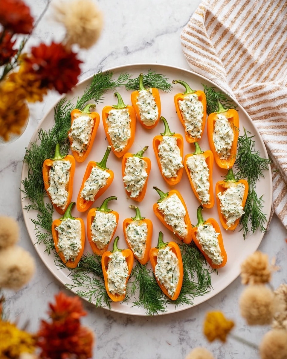 A round white plate holds fifteen small orange pepper halves filled with a creamy white filling speckled with green herbs, arranged in neat rows. Each pepper half rests on a small bunch of fresh green dill sprigs, adding texture and color beneath the peppers. The plate sits on a white marbled surface, surrounded by soft-focus dried flowers in red, yellow, and beige tones, and a striped beige and white cloth is partially visible at the top right corner. The overall look is fresh, colorful, and neatly arranged. photo taken with an iphone --ar 4:5 --v 7