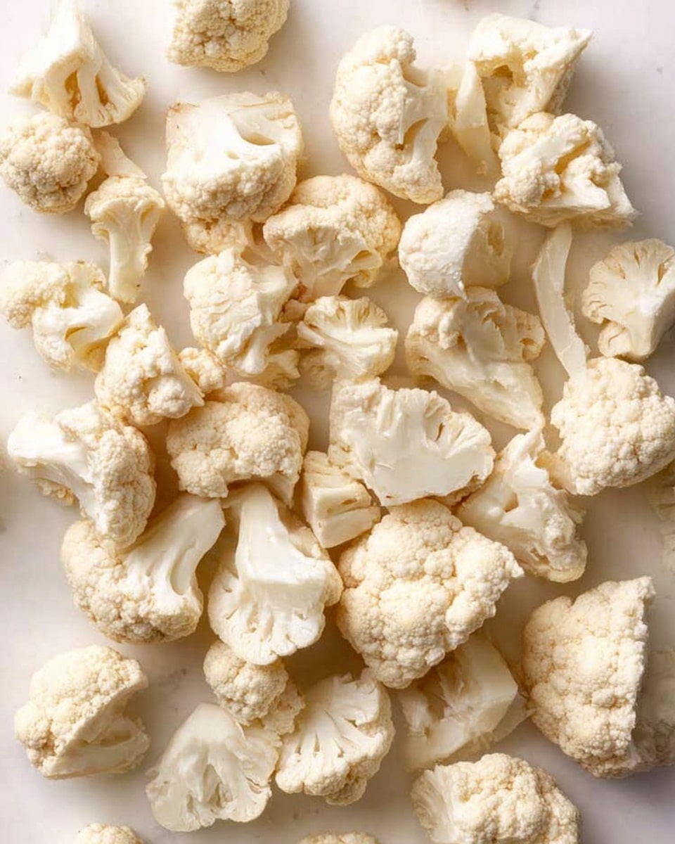 The image shows many small pieces of cauliflower spread over a white marbled surface. Each piece is light cream in color with a bumpy, textured top and smooth, slightly curved stems below. The cauliflower pieces vary in size, some bigger and some smaller, scattered unevenly across the surface. The lighting highlights the natural detail and texture of the cauliflower, making the edges clear and crisp. Photo taken with an iphone --ar 4:5 --v 7