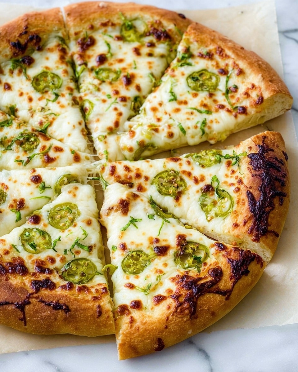 This image shows a round pizza with six slices cut but still together on parchment paper over a white marbled surface. The pizza has one main layer of thick, golden-brown crust with some slightly darker toasted spots around the edges. On top, there is a layer of melted white cheese that is soft and bubbly with some golden-brown spots. Scattered over the cheese are small, bright green sliced jalapeño pieces and thin green herb bits to add color and texture. The overall look is fresh and colorful with a mix of creamy white, golden brown, and green on the pizza. Photo taken with an iphone --ar 4:5 --v 7