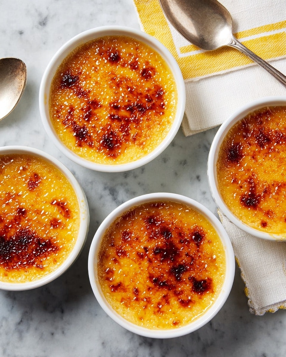 Four white round ramekins filled with crème brûlée are shown from above, placed on a white marbled surface. Each ramekin has one golden-brown caramelized sugar layer on top, with patches of darker caramel spots giving a crispy texture. Three ramekins sit close together while one is slightly apart. In the upper right area, a white cloth with yellow trim lies underneath a silver spoon resting on the surface. Photo taken with an iphone --ar 4:5 --v 7