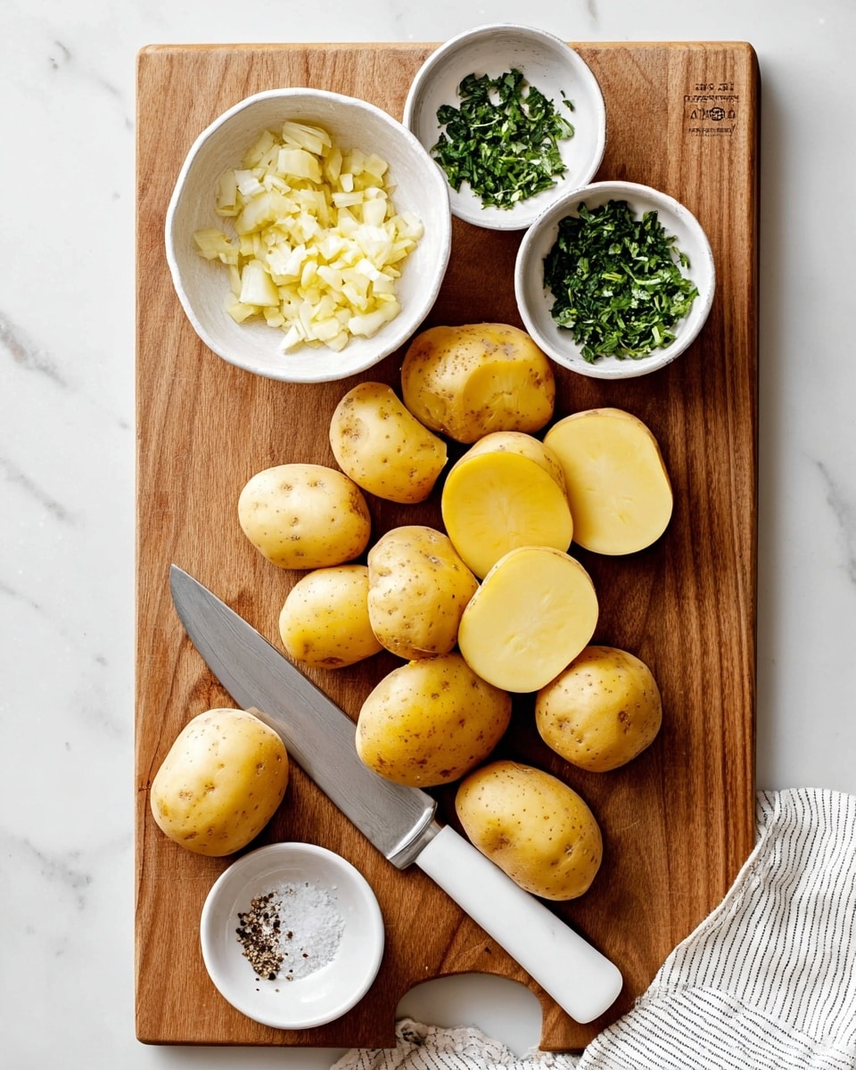 A wooden cutting board is placed on a white marbled surface with several whole and halved yellow potatoes scattered on it. A large knife with a white handle lies diagonally across the board, partially under some potato halves. On the top part of the board, there are two white bowls: one filled with finely chopped garlic and the other with chopped green herbs. Below the cutting board, a small white bowl contains salt and black pepper. A white and black striped cloth is partially visible on the right side. Photo taken with an iphone --ar 4:5 --v 7