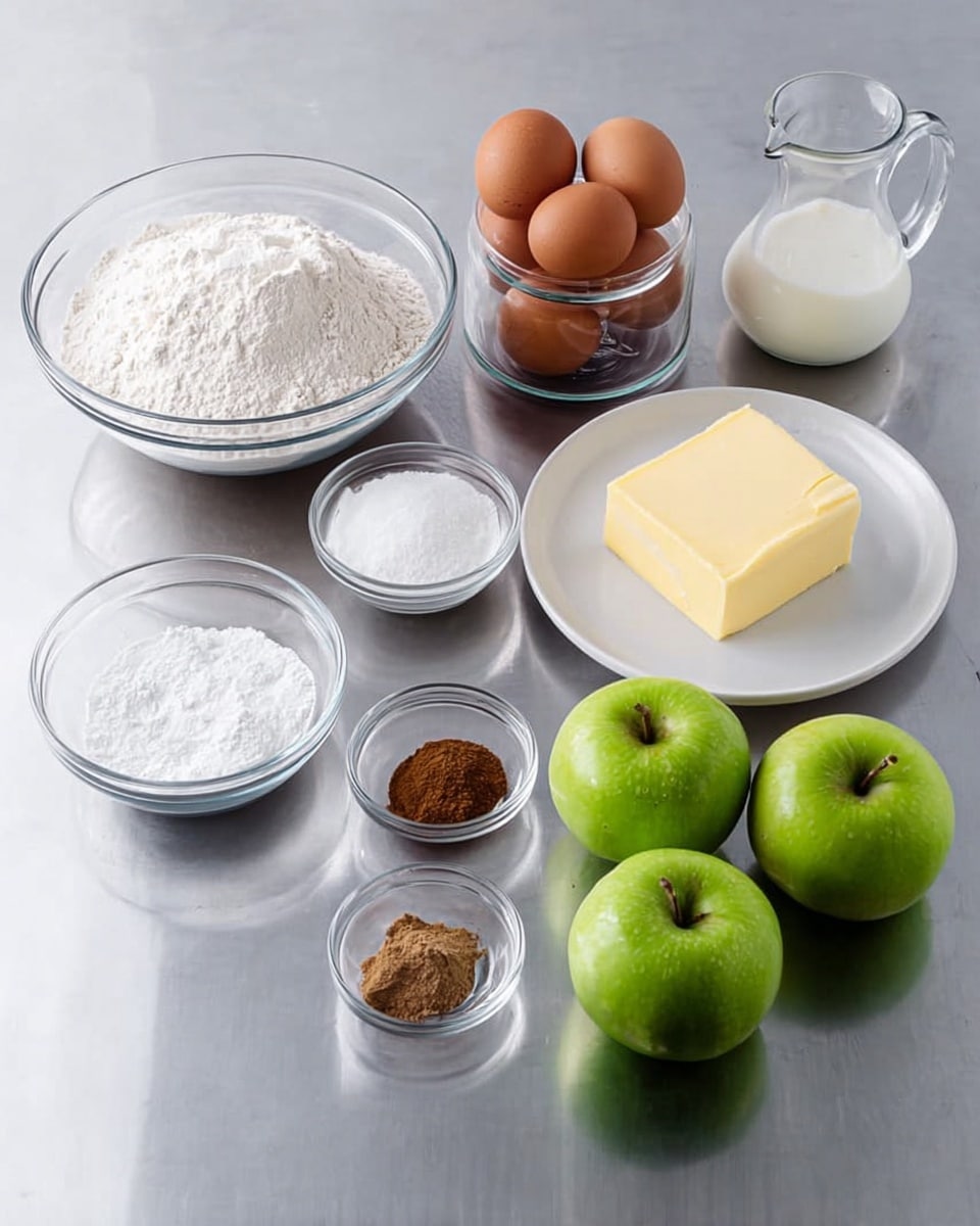 The image shows a neat arrangement of baking ingredients on a smooth white marbled surface. There is a large clear glass bowl on the left filled with white flour. Next to it, a small clear glass bowl holds white powder, likely baking soda or powder. A small clear pitcher filled with milk sits behind a stack of five brown eggs in a clear glass bowl. Beside the eggs, there is a small clear bowl with a white powder, probably salt, and another small clear bowl with ground brown spice, likely cinnamon. A medium plain white plate holds a solid block of yellow butter. On the right side, there are four green apples with smooth shiny skins placed in a loose group. The setup is simple and clean. photo taken with an iphone --ar 4:5 --v 7