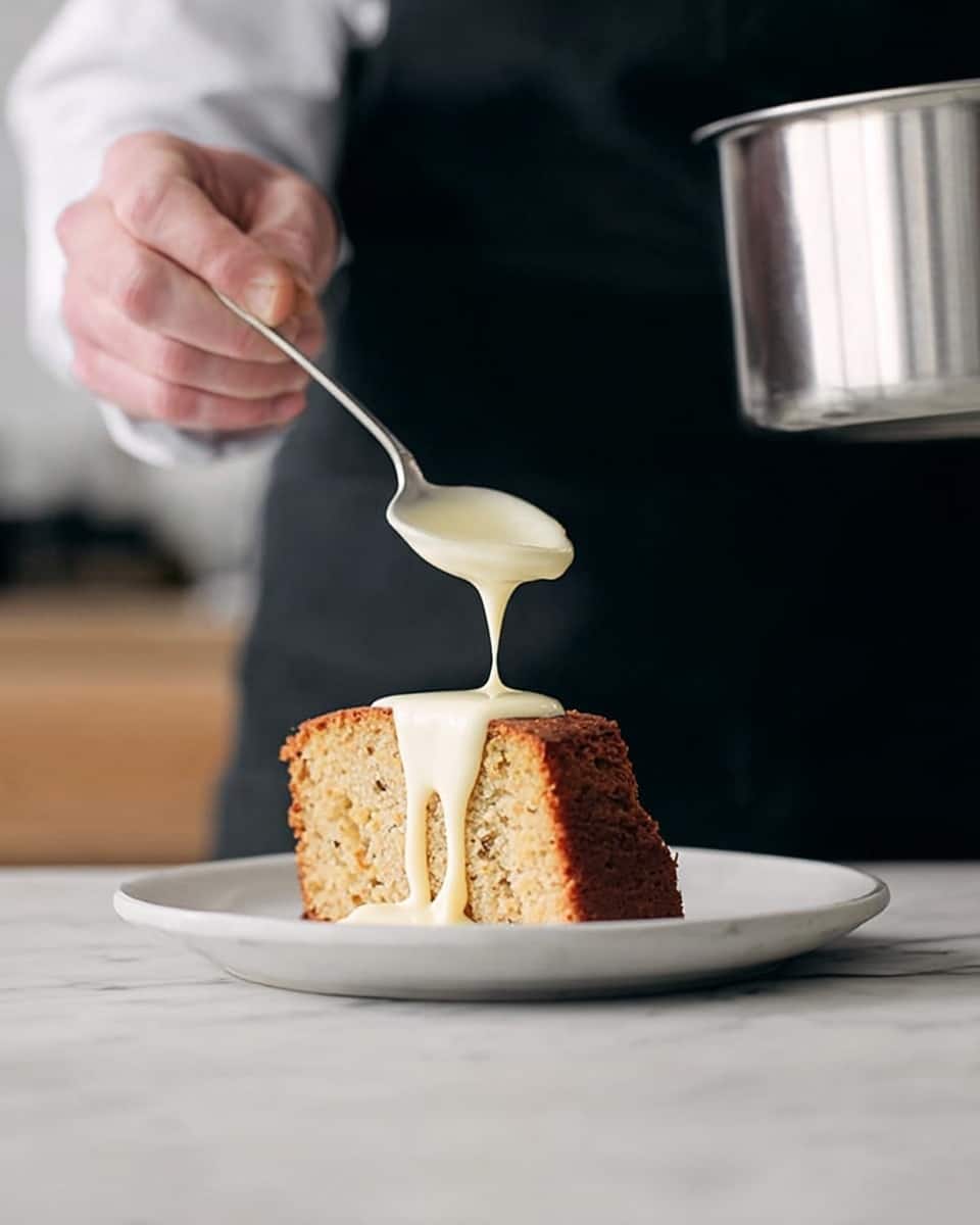 A white plate holds a single slice of light brown cake with a crumbly texture and a slightly darker crust on the edges. A person's black apron and shirt are visible in the background as a woman's hand gently pours thick, creamy white sauce over the top of the cake using a spoon, with the sauce dripping slowly down the sides. The scene is set against a white marbled surface which the plate sits on, giving a clean and simple look. photo taken with an iphone --ar 4:5 --v 7