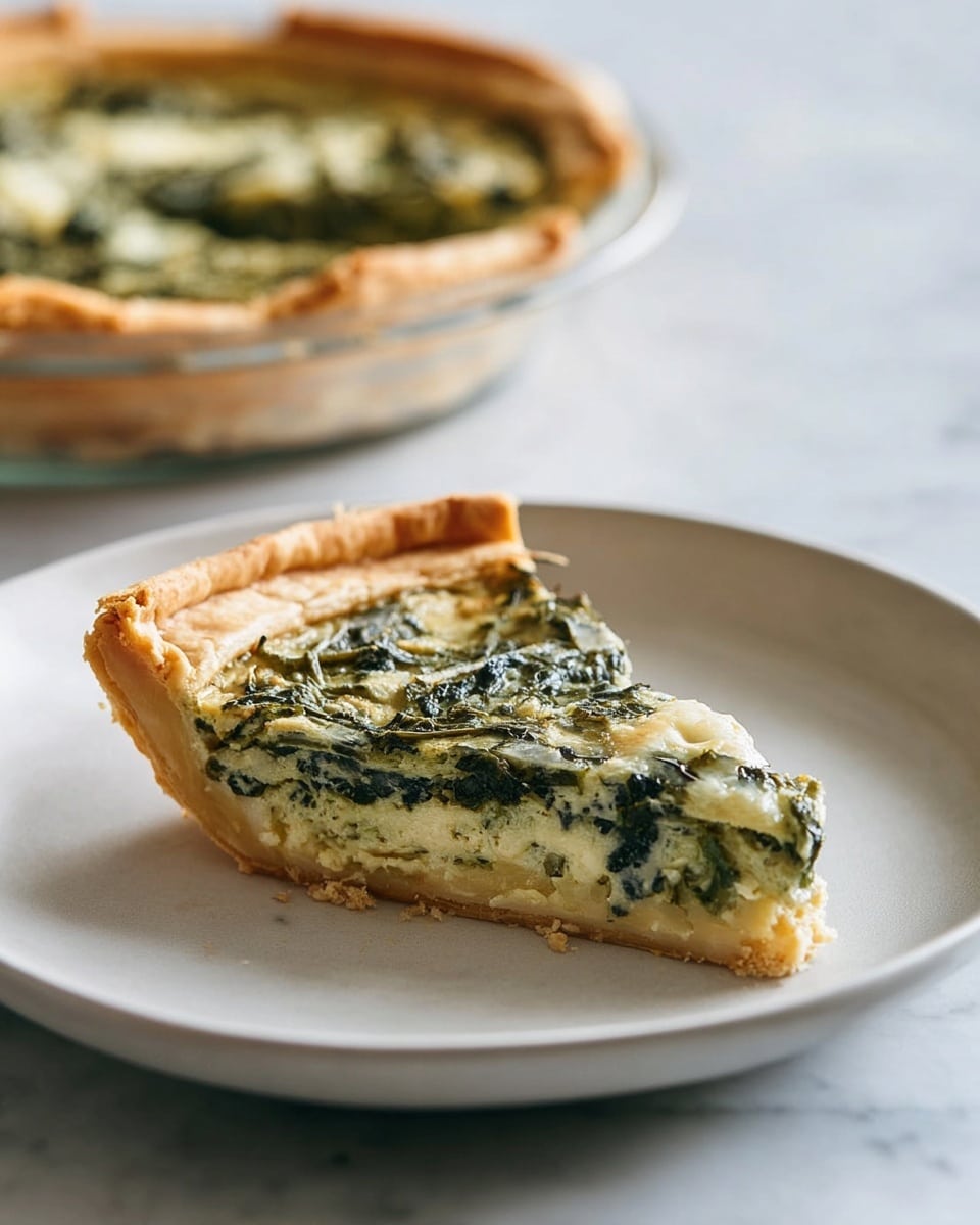 A slice of savory pie with three visible layers is placed on a white plate. The crust is golden and thick, forming the base and edges of the slice. The filling has a creamy light yellow layer mixed with dark green leafy vegetables spread evenly throughout, creating a textured top with specks of green leaves. In the background, a deeper pie dish holds the remaining pie showing the same creamy green vegetable filling. The setting is on a white marbled surface. Photo taken with an iphone --ar 4:5 --v 7