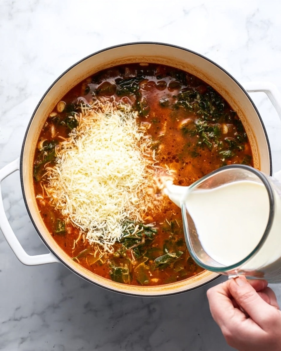 A white large pot filled with a rich reddish-brown soup containing green leafy vegetables in several areas, with a large mound of finely shredded white cheese on one side, while a creamy white liquid is being slowly poured in from a clear glass measuring cup held by a woman's hand into the soup, the pot is set on a white marbled surface photo taken with an iphone --ar 4:5 --v 7