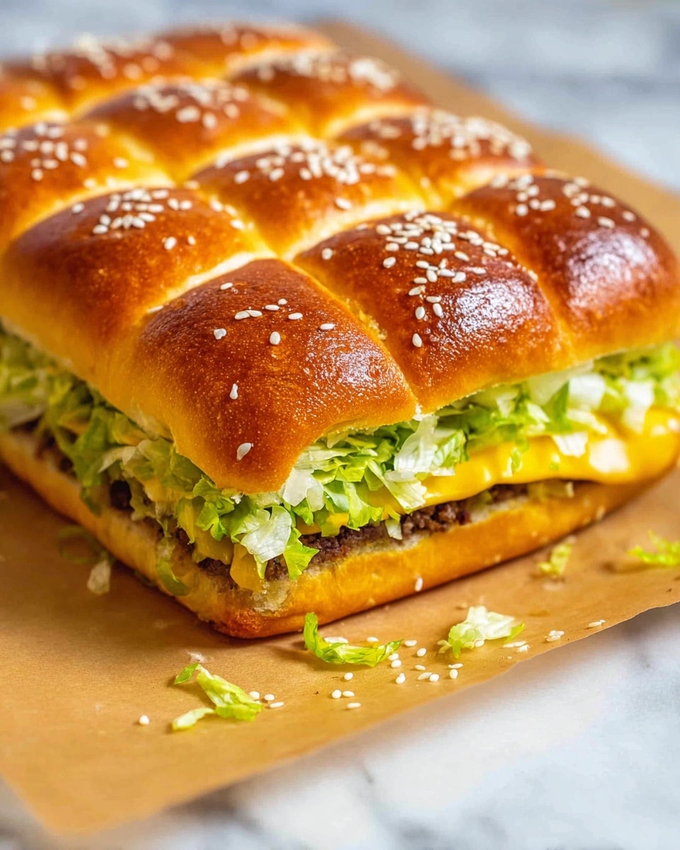 A rectangular sandwich made of a shiny golden brown bun topped with white sesame seeds. The bun is divided into nine soft, pillowy sections on top. Inside the sandwich, there is a layer of finely chopped green lettuce sitting above a dark brown cooked meat layer. Below the meat, a smooth, bright yellow cheese layer is visible. The sandwich rests on light brown parchment paper, with some lettuce pieces and sesame seeds scattered around, all set on a white marbled surface. Photo taken with an iphone --ar 4:5 --v 7