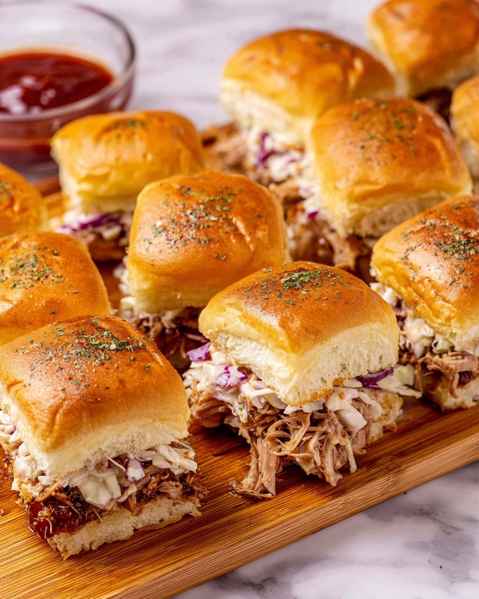 A wooden board holds several small sandwiches with shiny golden brown tops sprinkled with herbs. Each sandwich has two soft bun layers with a mix of shredded white and purple cabbage and moist, shredded meat inside. Some sandwiches show the filling spilling out slightly, and one sandwich near the center has a bite taken out, revealing the inside layers clearly. In the background, there is a glass bowl with red sauce on a white marbled surface. photo taken with an iphone --ar 4:5 --v 7