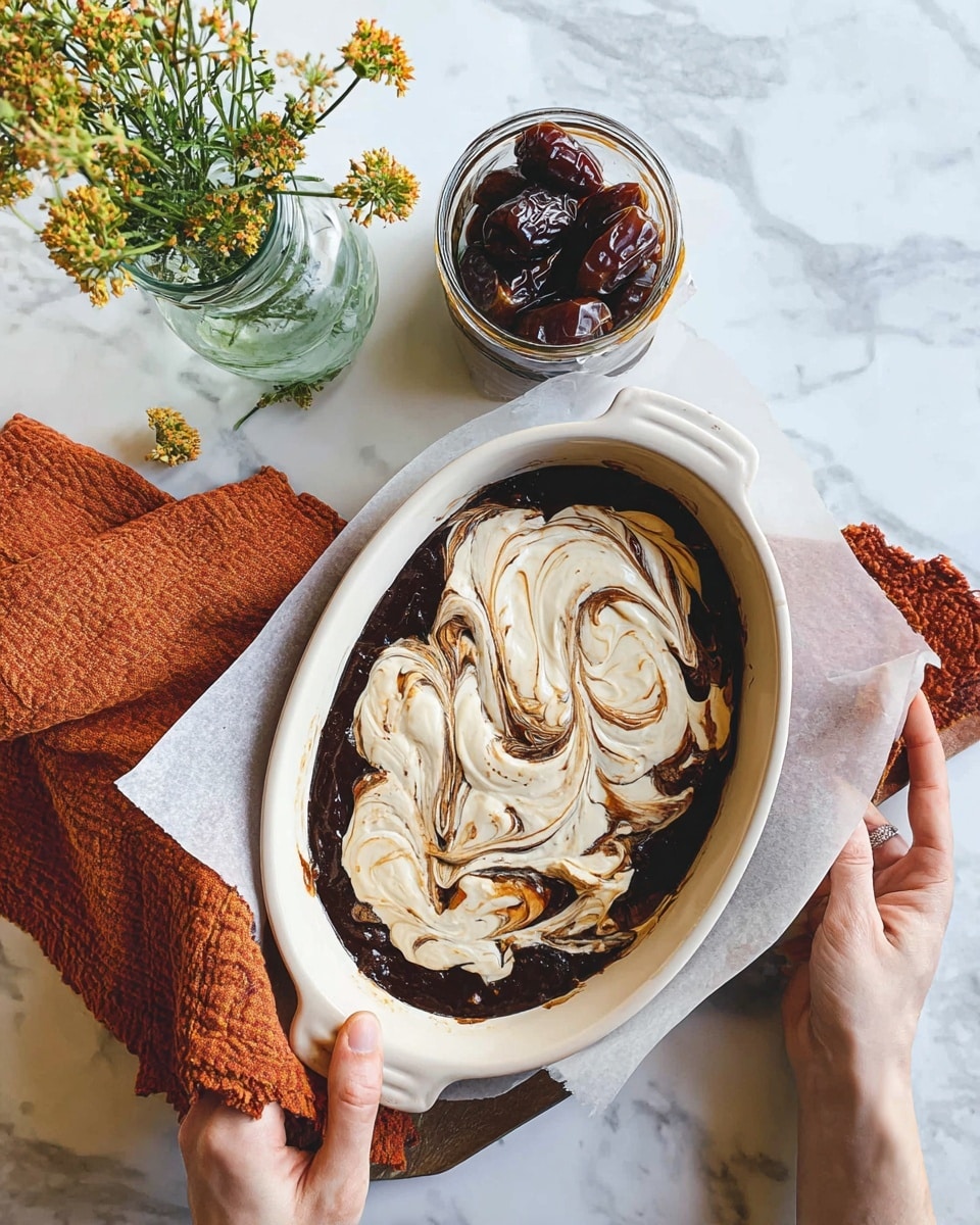 The image shows an oval white dish with a two-layer dessert, the bottom layer is dark brown and smooth, while the top layer is creamy white with swirls of the dark brown layer mixed in, giving it a marbled look. The dish is placed on a white parchment paper on a white marbled surface. Nearby, there is a jar filled with dark brown dates with a glass lid resting open next to it, and an orange textured cloth is partially visible. A woman's left hand is holding the parchment paper upright on the lower left side, and a woman's right hand is holding the edge on the upper right side. In the background, there is a clear glass vase with green plants and small yellow flowers. photo taken with an iphone --ar 4:5 --v 7