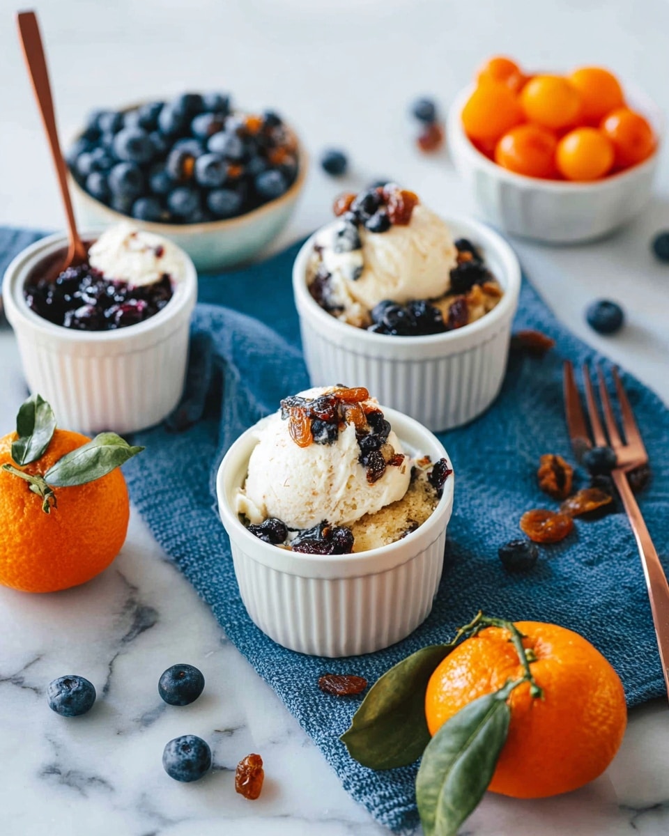 Three white ramekins each hold a layered dessert with a base of light brown cake mixed with blueberries, topped by a scoop of white cream or ice cream with bits of dark dried fruit on top. The ramekins are arranged on a white marbled surface with a blue cloth underneath the closest one, next to two bright orange mandarins with green leaves. Scattered fresh blueberries and dried fruit pieces surround the ramekins. In the background, a small white bowl filled with bright orange cherry tomatoes and a small white-rimmed dish of blueberries are placed near a glass jar of dark dried fruit with a woman's hand holding a copper-colored spoon inside the nearest ramekin. A copper fork lies beside the ramekins. photo taken with an iphone --ar 4:5 --v 7