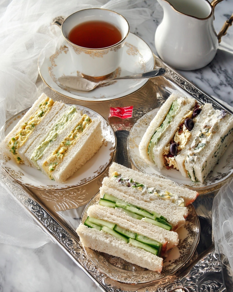 A three-tier clear glass stand holds the food. The top tier has three glasses of light orange drink, two round beige cookies, and a beige slice of cake with nuts on top. The middle tier shows three golden brown triangle pastries, two small metal containers filled with green and brown crunchy snack mix, and three square pieces of bright yellow cake sprinkled with black seeds and green herbs. The bottom tier holds an assortment of small white sandwich slices with different fillings, some dark and some green. The stand sits on a table with a white marbled texture, decorated with bright pink and red flowers on the side. In front, there is a white teacup filled with light brown tea, a matching white creamer jug, and white plates with gold rims and cutlery. photo taken with an iphone --ar 4:5 --v 7