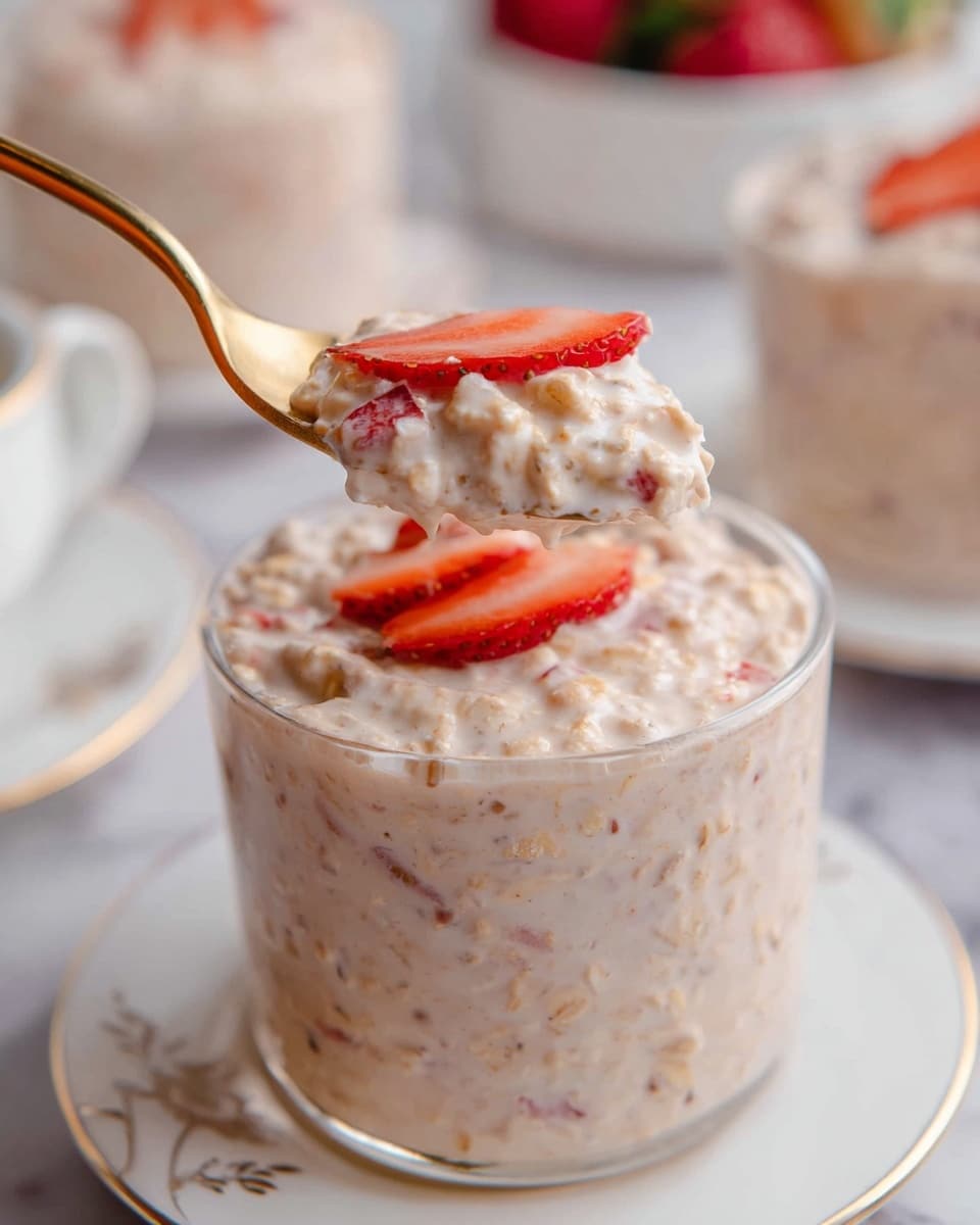 The image shows a clear glass filled with creamy oatmeal mixed with small pieces of red strawberries, giving it a textured and slightly chunky look. On top of the oatmeal, there are thin slices of bright red strawberries visible through the glass and on the surface. A golden spoon is scooping up a portion of the oatmeal, showing its thick, creamy texture with visible oat flakes and strawberry bits. The glass is placed on a white plate with a subtle design near its edge, set on a white marbled surface. In the blurred background, there are white cups with gold rims and a few more glass containers holding similar oatmeal. photo taken with an iphone --ar 4:5 --v 7