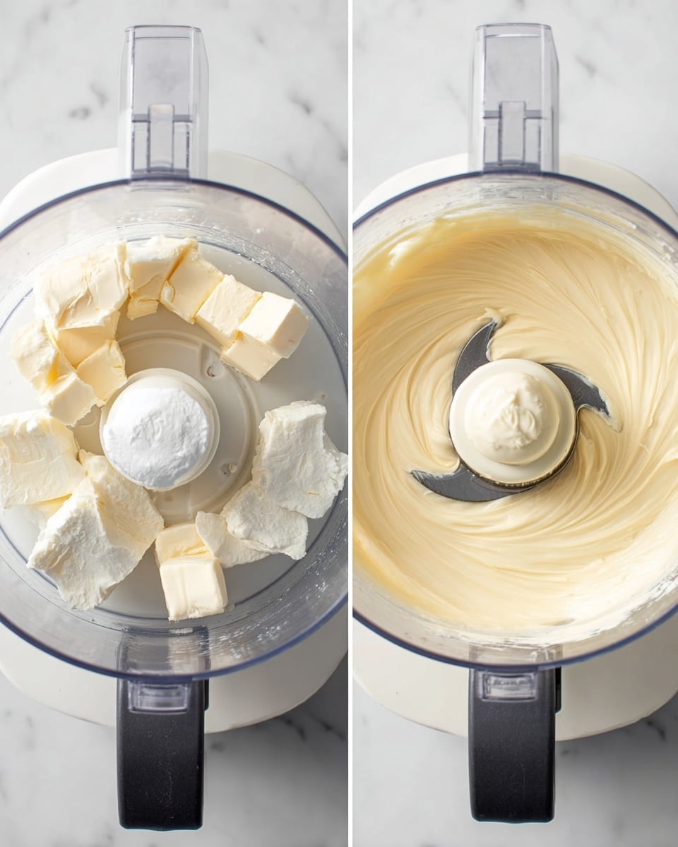 The image shows two side-by-side views of a food processor on a white marbled surface. The left side displays chunks of solid cream-colored butter and a dollop of thick white cream inside the transparent bowl of the processor. The right side shows the same food processor bowl with the ingredients now blended into a smooth, creamy, pale yellow mixture, swirling around the plastic blade at the center. Photo taken with an iphone --ar 4:5 --v 7