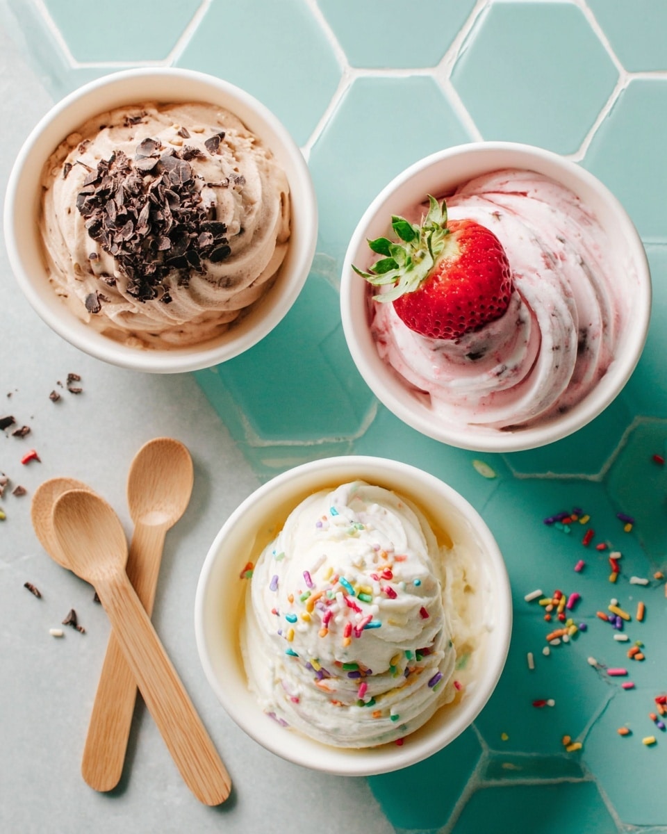 Three white bowls with swirled soft serve ice cream sit on a white marbled textured surface with a light turquoise hexagon tiled pattern. The top-left bowl holds light brown ice cream sprinkled with dark chocolate shavings. The top-right bowl contains pinkish-white ice cream topped with a half strawberry with green leaves. The bottom bowl has white ice cream garnished with colorful rainbow sprinkles. To the left, three wooden spoons are stacked. Some sprinkles scatter on the surface near the bottom bowl. photo taken with an iphone --ar 4:5 --v 7