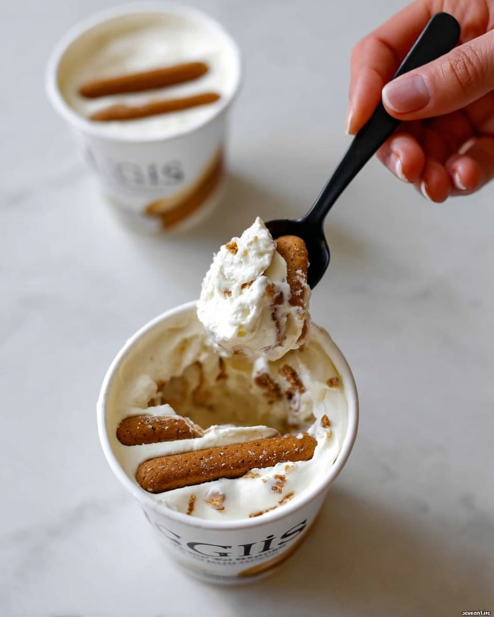 Two white containers filled with creamy light beige ice cream are placed on a white marbled texture. Each container has six brown, ridged cookies placed evenly on the top layer, sinking slightly into the ice cream. The texture of the ice cream looks smooth and thick, contrasting with the crunchy appearance of the cookies. The scene is bright and clean, emphasizing the simple combination of ice cream and cookies. photo taken with an iphone --ar 4:5 --v 7