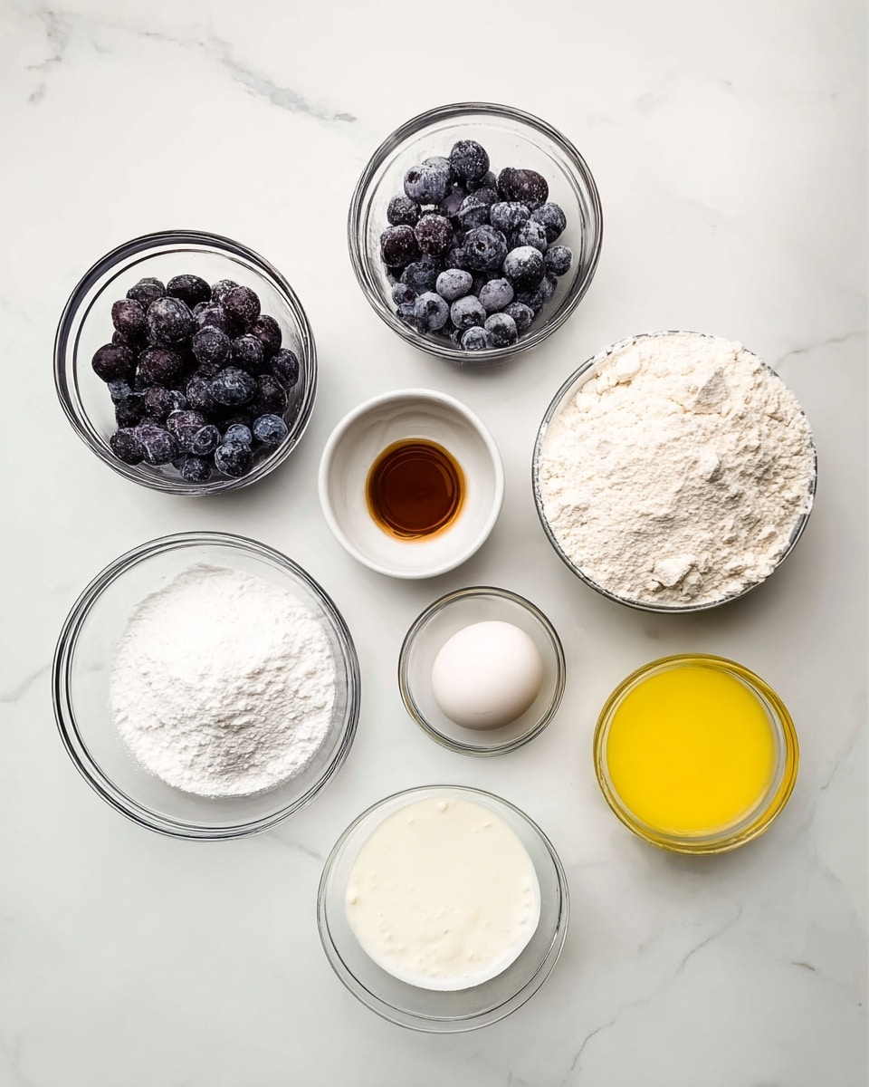 The image shows eight bowls arranged on a white marbled surface in a loose circle shape. Starting from the top center and moving clockwise: a clear glass bowl filled with dark frozen blueberries with a light frost on them; a small white bowl containing a white powder; a small clear glass bowl with one white egg resting on some light brown powder; a large clear glass bowl filled with white flour, slightly clumpy; a small white bowl with a dark amber liquid; a small clear glass bowl with thick white cream; a small clear glass bowl with white milk; and a medium clear glass bowl filled with melted yellow butter. Photo taken with an iphone --ar 4:5 --v 7