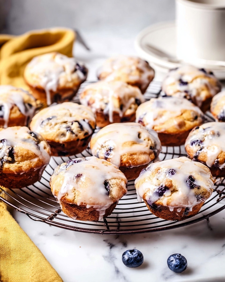 The image shows a pile of small round cakes with a shiny white glaze covering their tops and sides. Each cake has a slightly uneven surface with visible dark purple spots of berries inside. The cakes are stacked closely on a square piece of brown parchment paper, which is inside a dark baking tray. The background is a white marbled texture. Photo taken with an iphone --ar 4:5 --v 7