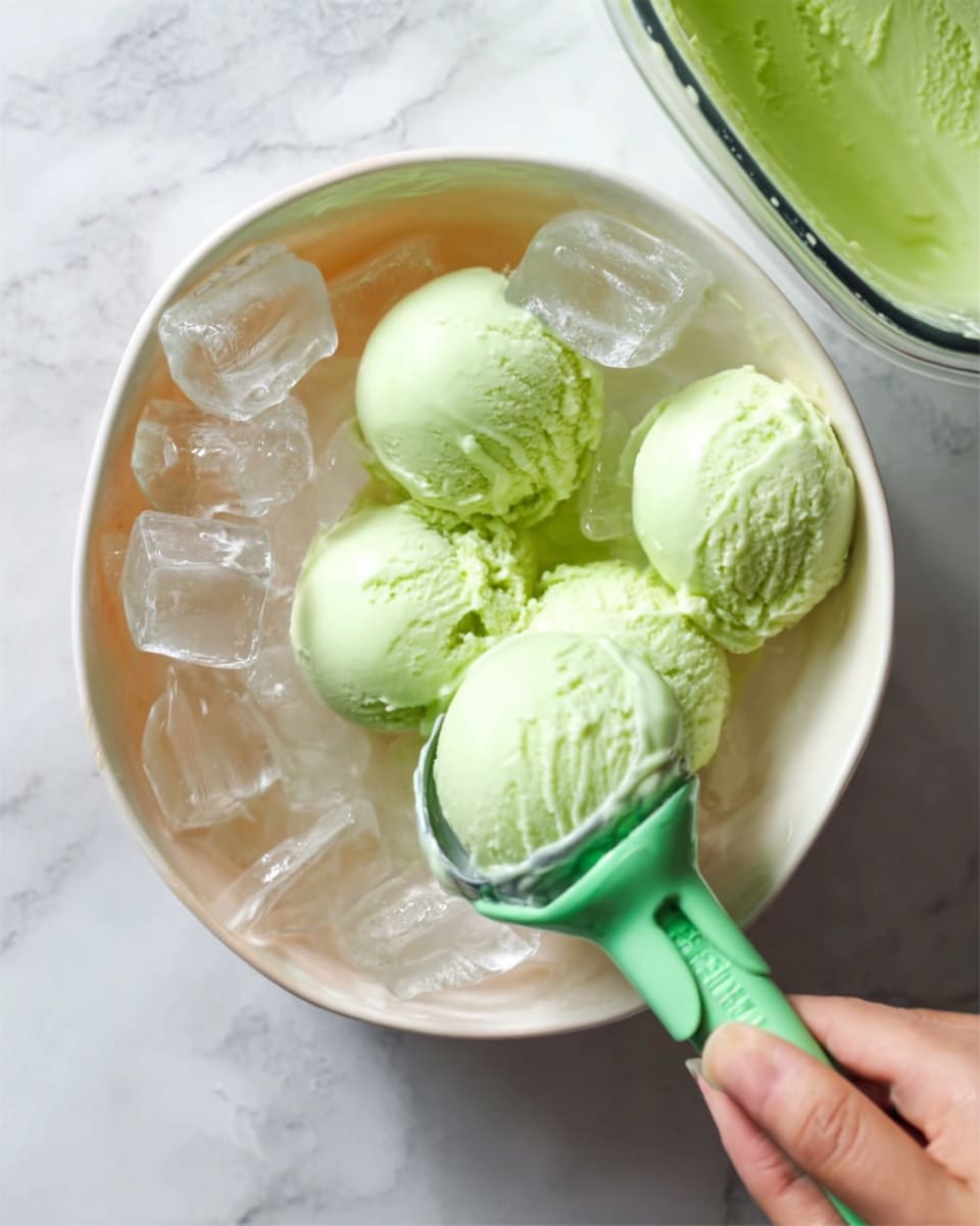 A clear white bowl is filled with ice cubes and scoops of light green ice cream placed on top. A woman's hand holds a light green ice cream scooper, lifting a round scoop out of the open container of the same pale green ice cream visible on the side. The bowl sits on a white marbled surface. The light green ice cream has a smooth, creamy texture, and the ice cubes are transparent and glistening. photo taken with an iphone --ar 4:5 --v 7