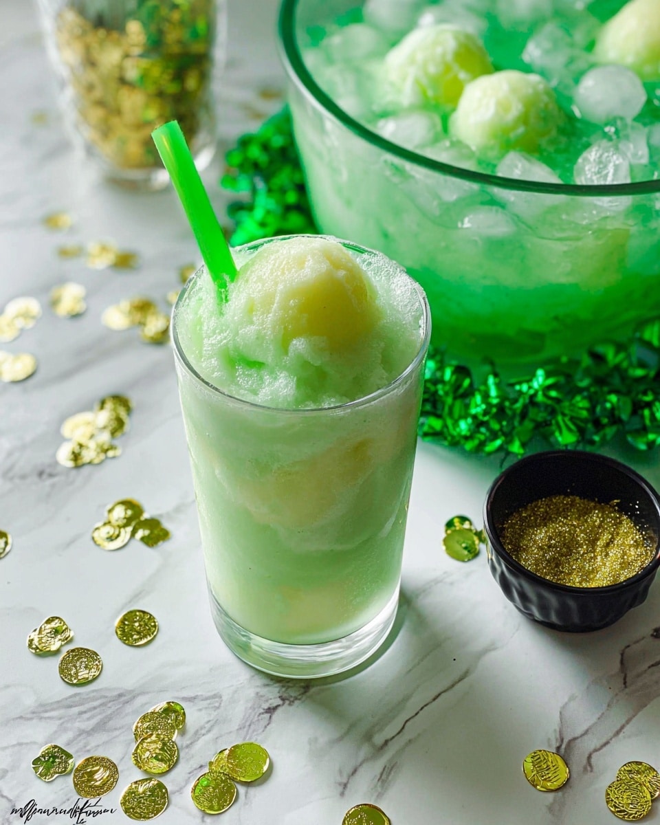 The image shows a tall clear glass filled with a light green slushy drink with ice and soft chunky ice cream-like scoops floating on top, and a bright green straw on the left side going into the glass. Behind it, there is a large clear bowl full of the same drink, filled with ice and scoops, resting on a shiny green shamrock wreath. The drink and bowl are placed on a white marbled surface scattered with shiny gold coin-shaped confetti and a small black pot filled with gold glitter. The scene feels festive and bright with a mix of green and gold colors around the cool, creamy green drink. Photo taken with an iphone --ar 4:5 --v 7