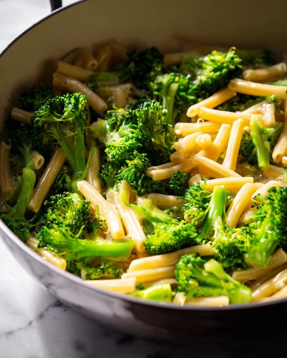 A white deep pan holds a dish with two main layers: the bottom layer is bright green broccoli florets with visible small stems, and the top layer is light golden pasta sticks scattered over the broccoli. The pasta looks soft but firm, mixed evenly with the broccoli, which has a fresh and slightly moist texture. The lighting highlights the shine on the pasta and the fresh green color of the broccoli, with the pan resting on a white marbled surface. photo taken with an iphone --ar 4:5 --v 7